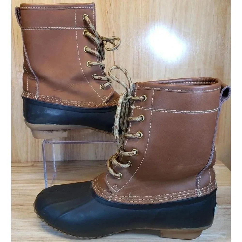 Khombu Letty Women Brown Black Leather Rubber Duck Boots Size 7M Waterproof